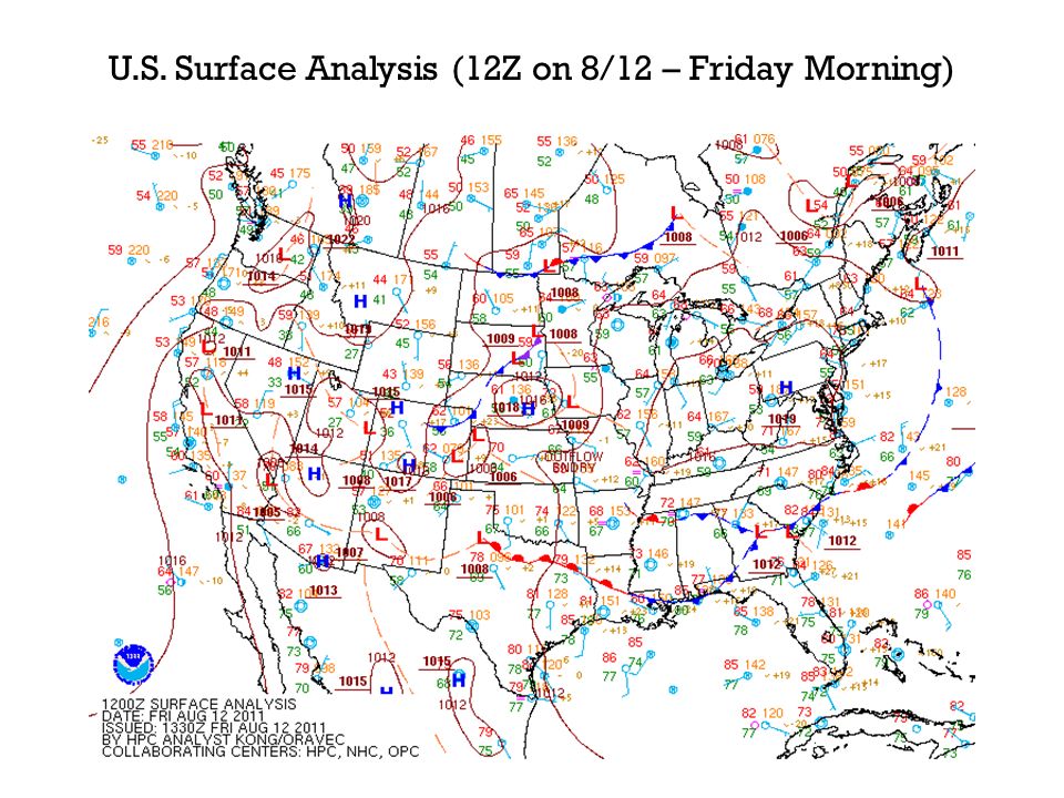 U.S. Surface Analysis (12Z on 8/12 – Friday Morning)