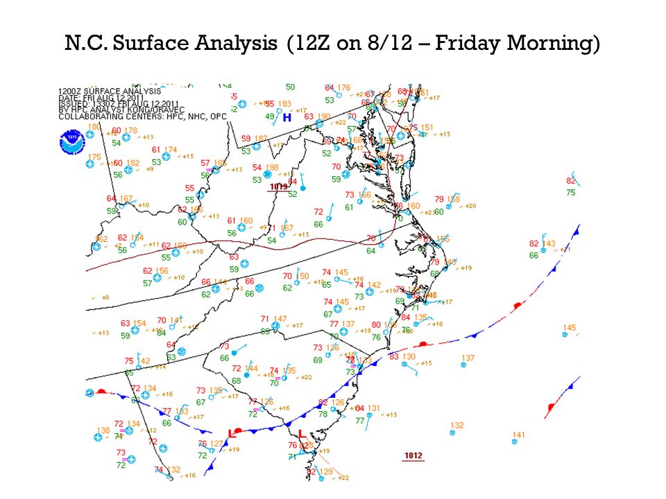 N.C. Surface Analysis (12Z on 8/12 – Friday Morning)