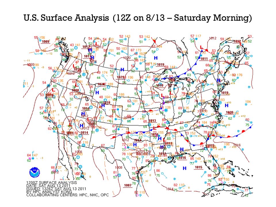 U.S. Surface Analysis (12Z on 8/13 – Saturday Morning)