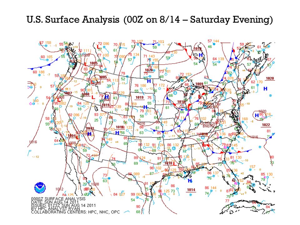 U.S. Surface Analysis (00Z on 8/14 – Saturday Evening)