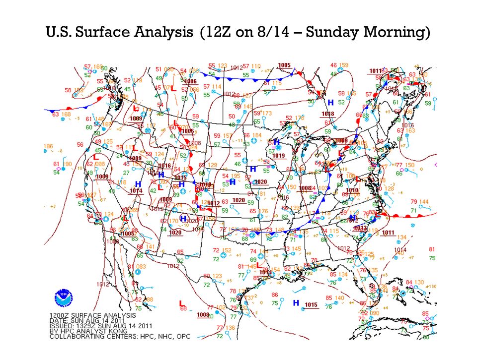 U.S. Surface Analysis (12Z on 8/14 – Sunday Morning)