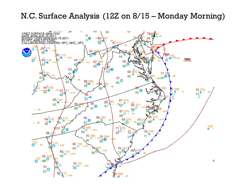 N.C. Surface Analysis (12Z on 8/15 – Monday Morning)