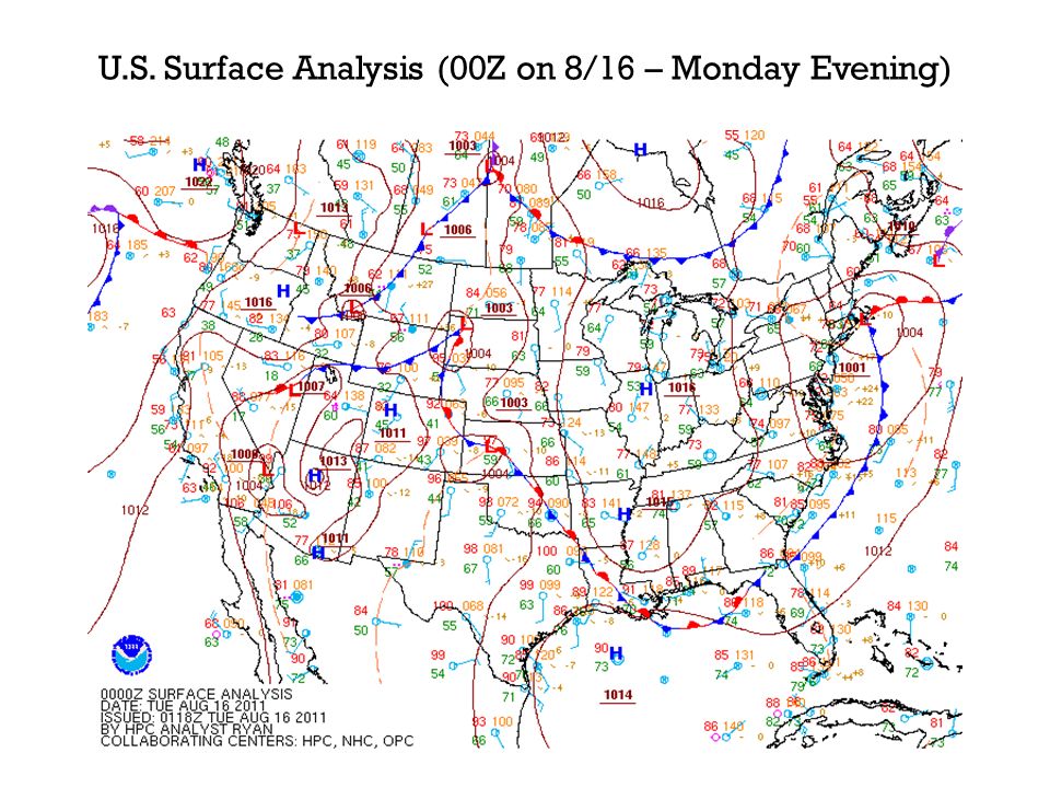 U.S. Surface Analysis (00Z on 8/16 – Monday Evening)