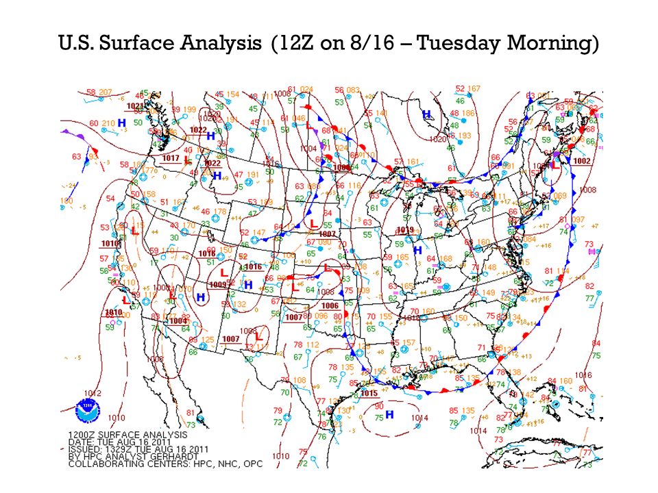 U.S. Surface Analysis (12Z on 8/16 – Tuesday Morning)