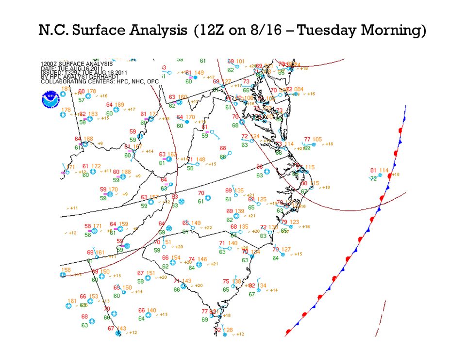 N.C. Surface Analysis (12Z on 8/16 – Tuesday Morning)