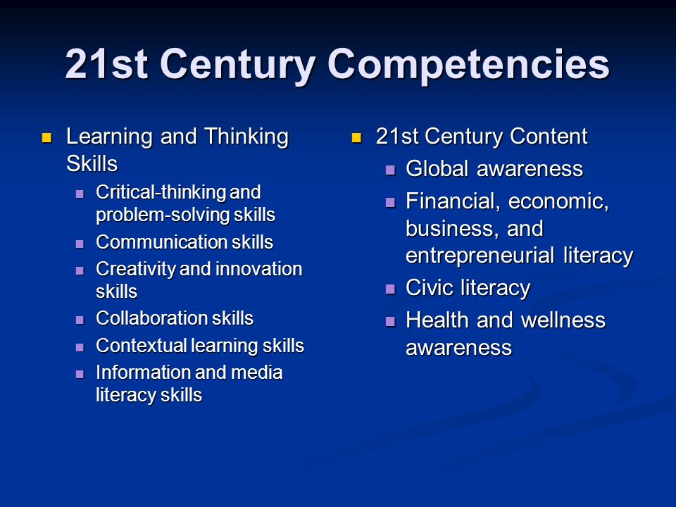 21st Century Competencies Learning and Thinking Skills Learning and Thinking Skills Critical-thinking and problem-solving skills Critical-thinking and problem-solving skills Communication skills Communication skills Creativity and innovation skills Creativity and innovation skills Collaboration skills Collaboration skills Contextual learning skills Contextual learning skills Information and media literacy skills Information and media literacy skills 21st Century Content Global awareness Financial, economic, business, and entrepreneurial literacy Civic literacy Health and wellness awareness
