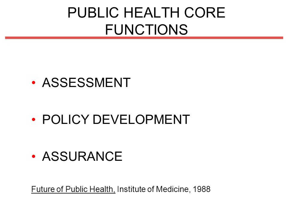 PUBLIC HEALTH CORE FUNCTIONS ASSESSMENT POLICY DEVELOPMENT ASSURANCE Future of Public Health, Institute of Medicine, 1988