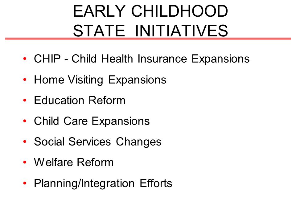 EARLY CHILDHOOD STATE INITIATIVES CHIP - Child Health Insurance Expansions Home Visiting Expansions Education Reform Child Care Expansions Social Services Changes Welfare Reform Planning/Integration Efforts