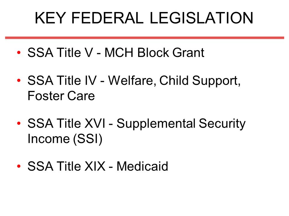 KEY FEDERAL LEGISLATION SSA Title V - MCH Block Grant SSA Title IV - Welfare, Child Support, Foster Care SSA Title XVI - Supplemental Security Income (SSI) SSA Title XIX - Medicaid