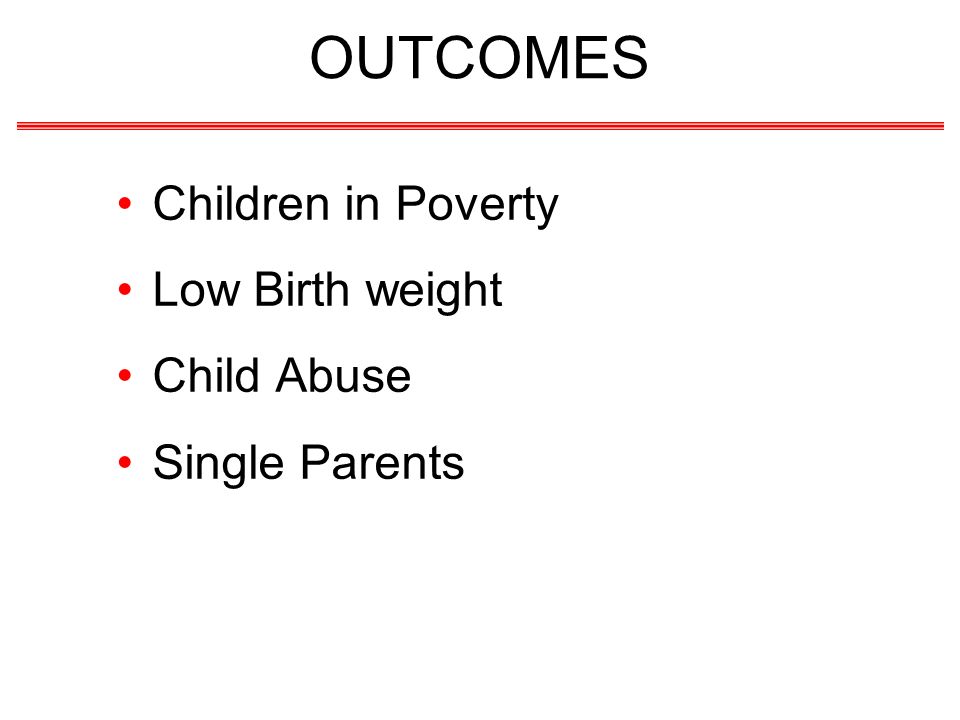 OUTCOMES Children in Poverty Low Birth weight Child Abuse Single Parents