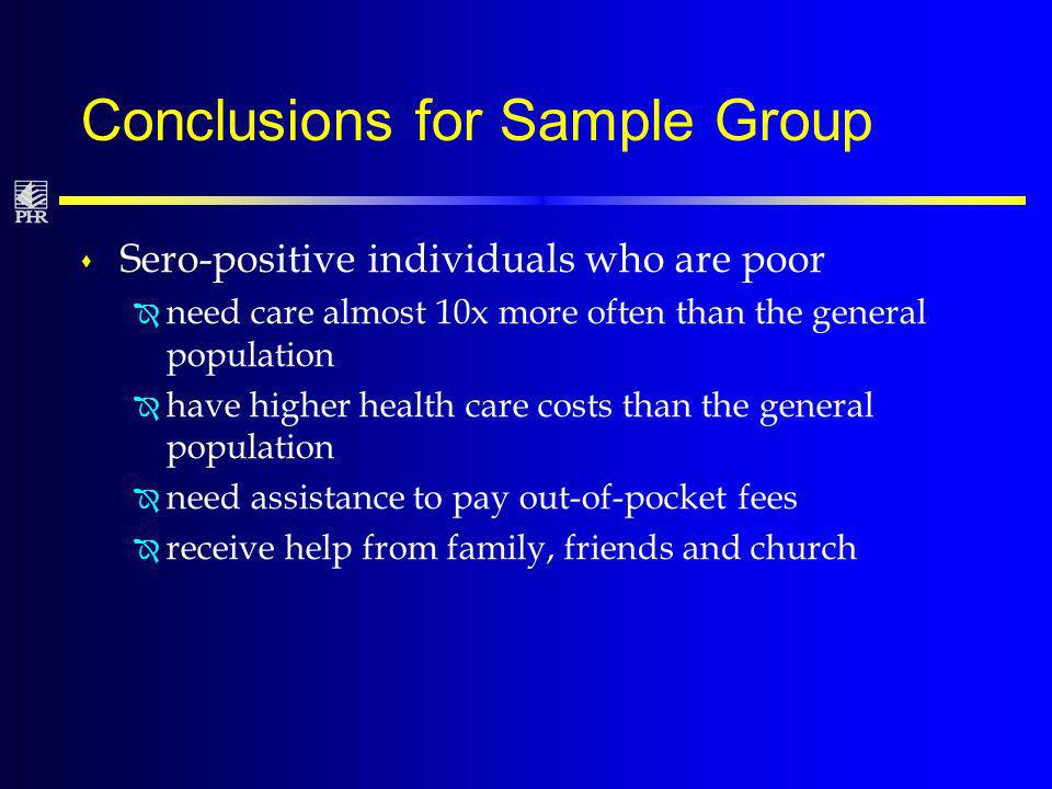Conclusions for Sample Group s Sero-positive individuals who are poor Î need care almost 10x more often than the general population Î have higher health care costs than the general population Î need assistance to pay out-of-pocket fees Î receive help from family, friends and church