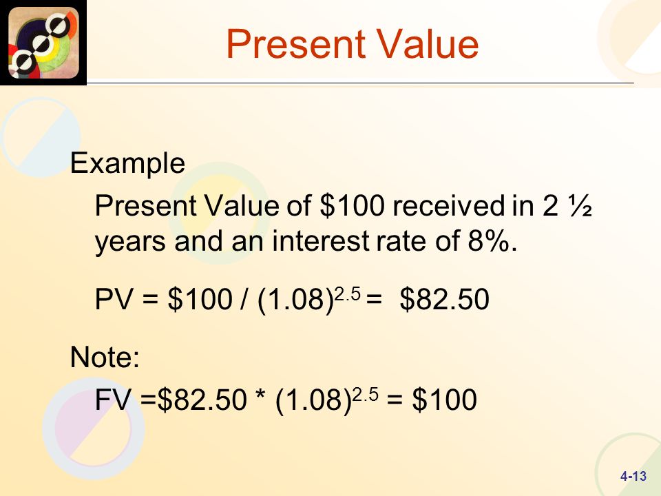 4-13 Present Value Example Present Value of $100 received in 2 ½ years and an interest rate of 8%.