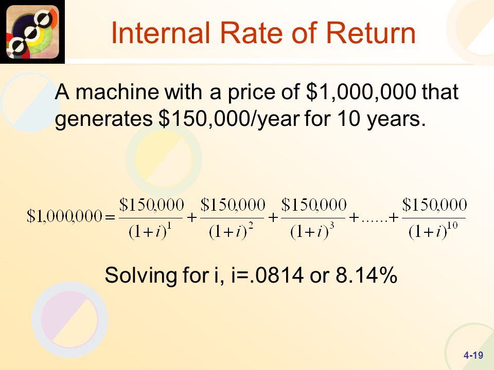 4-19 Internal Rate of Return A machine with a price of $1,000,000 that generates $150,000/year for 10 years.