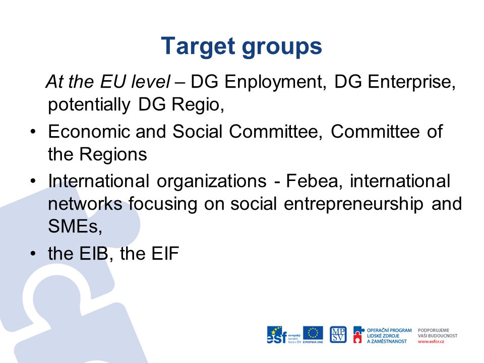 Target groups At the EU level – DG Enployment, DG Enterprise, potentially DG Regio, Economic and Social Committee, Committee of the Regions International organizations - Febea, international networks focusing on social entrepreneurship and SMEs, the EIB, the EIF