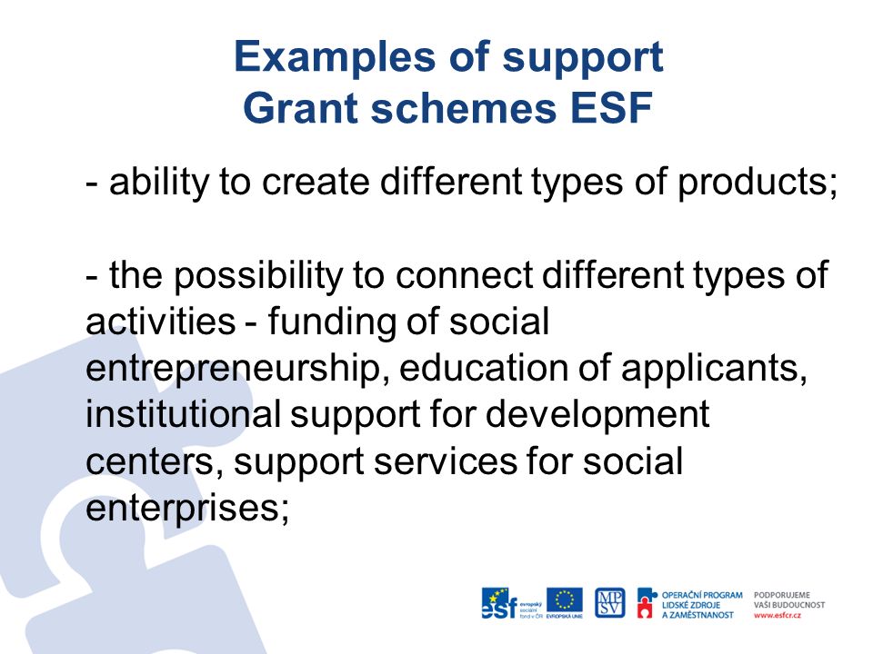 Examples of support Grant schemes ESF - ability to create different types of products; - the possibility to connect different types of activities - funding of social entrepreneurship, education of applicants, institutional support for development centers, support services for social enterprises;