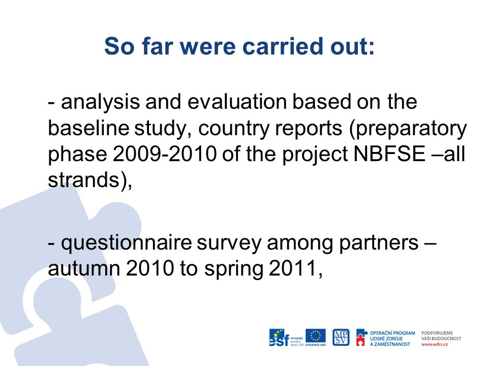 So far were carried out: - analysis and evaluation based on the baseline study, country reports (preparatory phase of the project NBFSE –all strands), - questionnaire survey among partners – autumn 2010 to spring 2011,