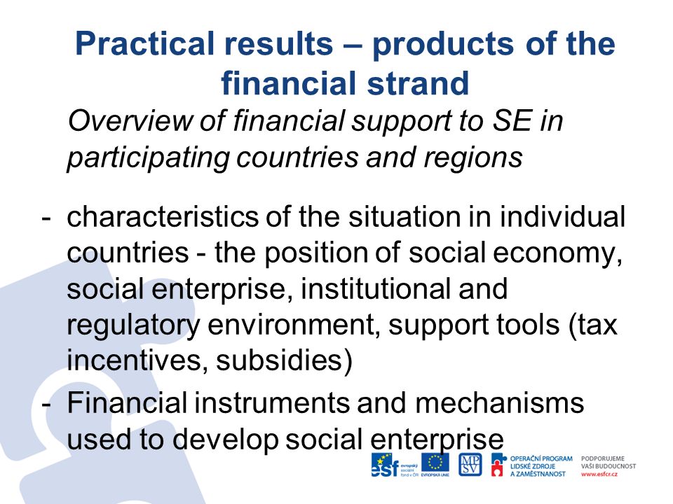 Practical results – products of the financial strand Overview of financial support to SE in participating countries and regions -characteristics of the situation in individual countries - the position of social economy, social enterprise, institutional and regulatory environment, support tools (tax incentives, subsidies) -Financial instruments and mechanisms used to develop social enterprise
