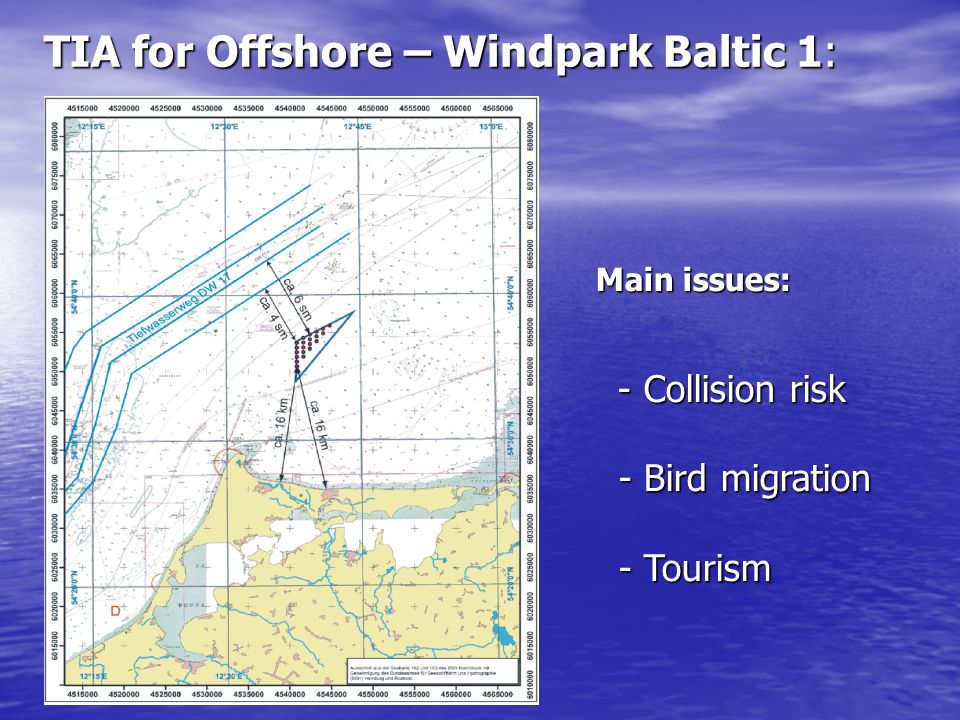 TIA for Offshore – Windpark Baltic 1: Main issues: - Collision risk - Collision risk - Bird migration - Bird migration - Tourism - Tourism