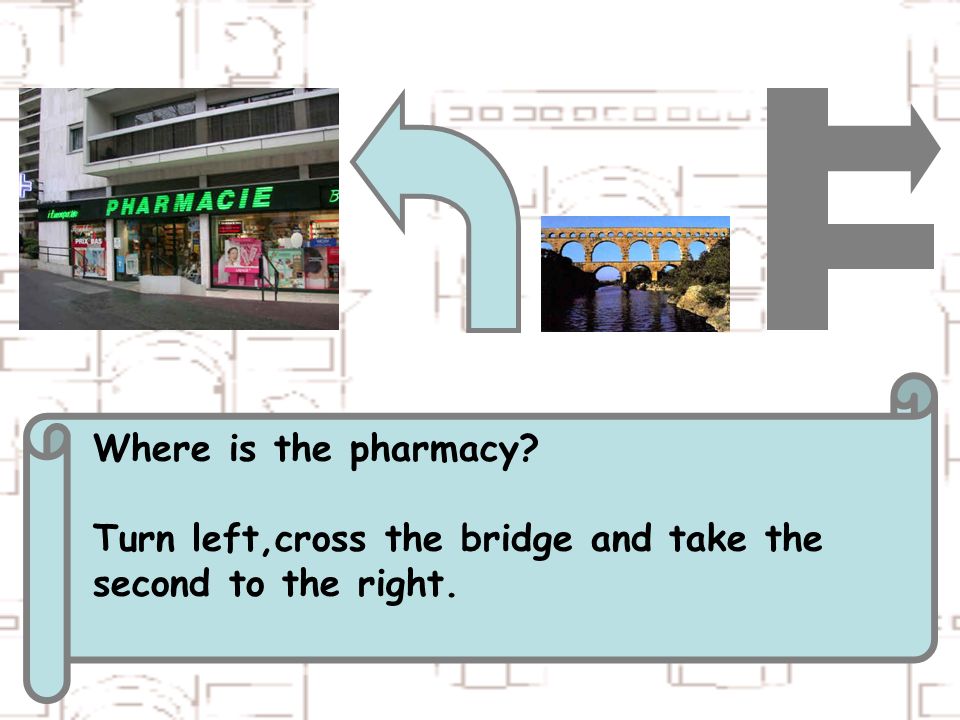 Where is the pharmacy Turn left,cross the bridge and take the second to the right.