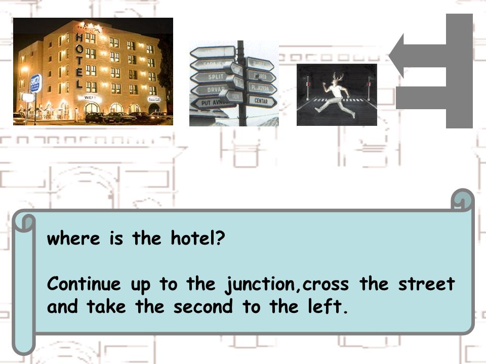 where is the hotel Continue up to the junction,cross the street and take the second to the left.