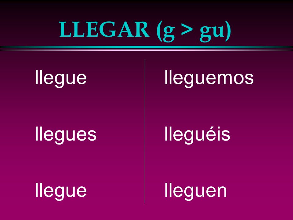 The Subjunctive l -gar, -car, -zar verbs: l -gar: g > gu l -car: c > qu l -zar: z > c