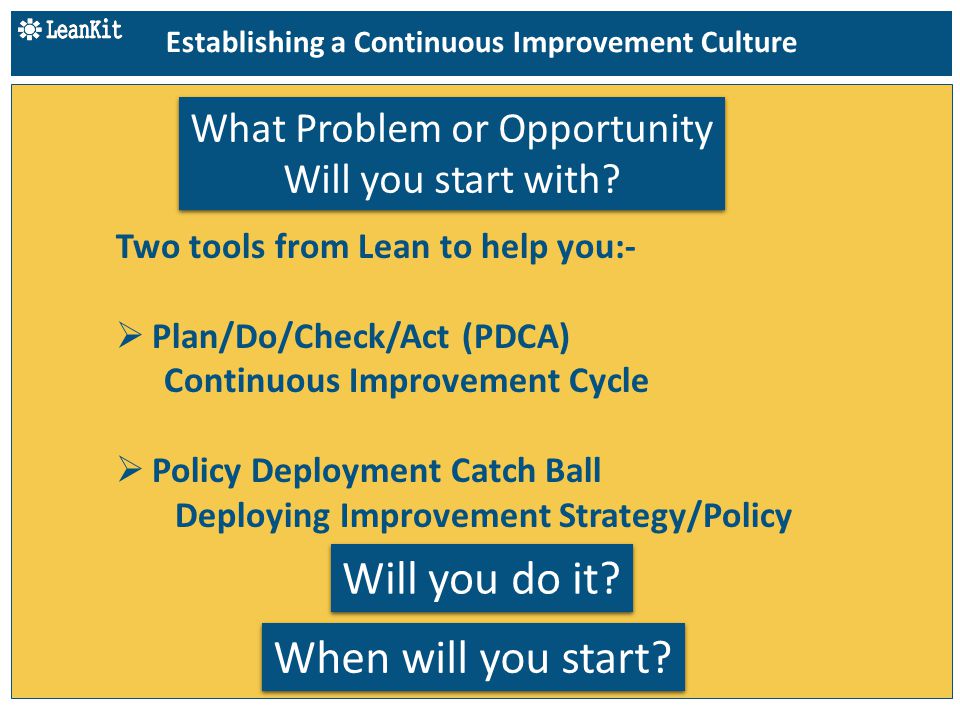 Two tools from Lean to help you:-  Plan/Do/Check/Act (PDCA) Continuous Improvement Cycle  Policy Deployment Catch Ball Deploying Improvement Strategy/Policy Establishing a Continuous Improvement Culture When will you start.