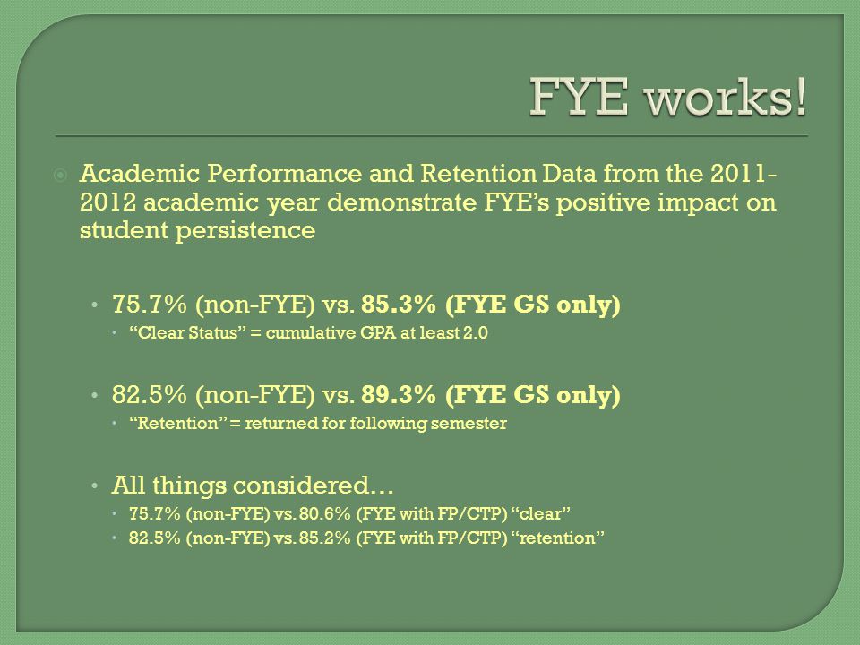  Academic Performance and Retention Data from the academic year demonstrate FYE’s positive impact on student persistence 75.7% (non-FYE) vs.