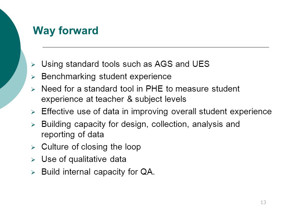 Way forward  Using standard tools such as AGS and UES  Benchmarking student experience  Need for a standard tool in PHE to measure student experience at teacher & subject levels  Effective use of data in improving overall student experience  Building capacity for design, collection, analysis and reporting of data  Culture of closing the loop  Use of qualitative data  Build internal capacity for QA.