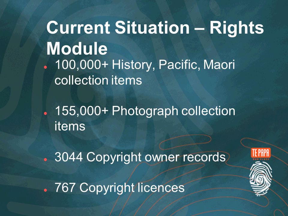 Current Situation – Rights Module 100,000+ History, Pacific, Maori collection items 155,000+ Photograph collection items 3044 Copyright owner records 767 Copyright licences