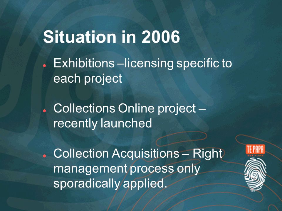 Situation in 2006 Exhibitions –licensing specific to each project Collections Online project – recently launched Collection Acquisitions – Right management process only sporadically applied.