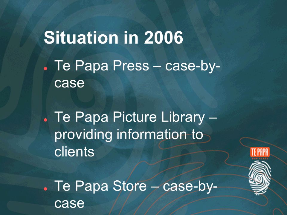 Situation in 2006 Te Papa Press – case-by- case Te Papa Picture Library – providing information to clients Te Papa Store – case-by- case