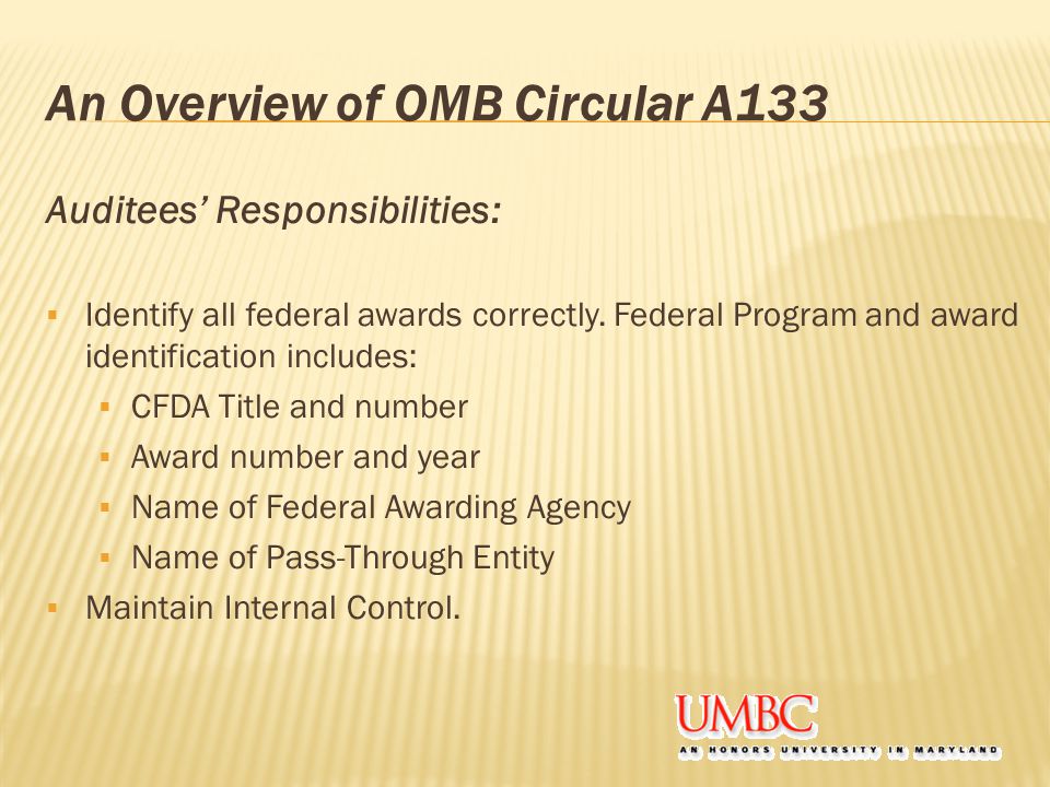 An Overview of OMB Circular A133 Auditees’ Responsibilities:  Identify all federal awards correctly.
