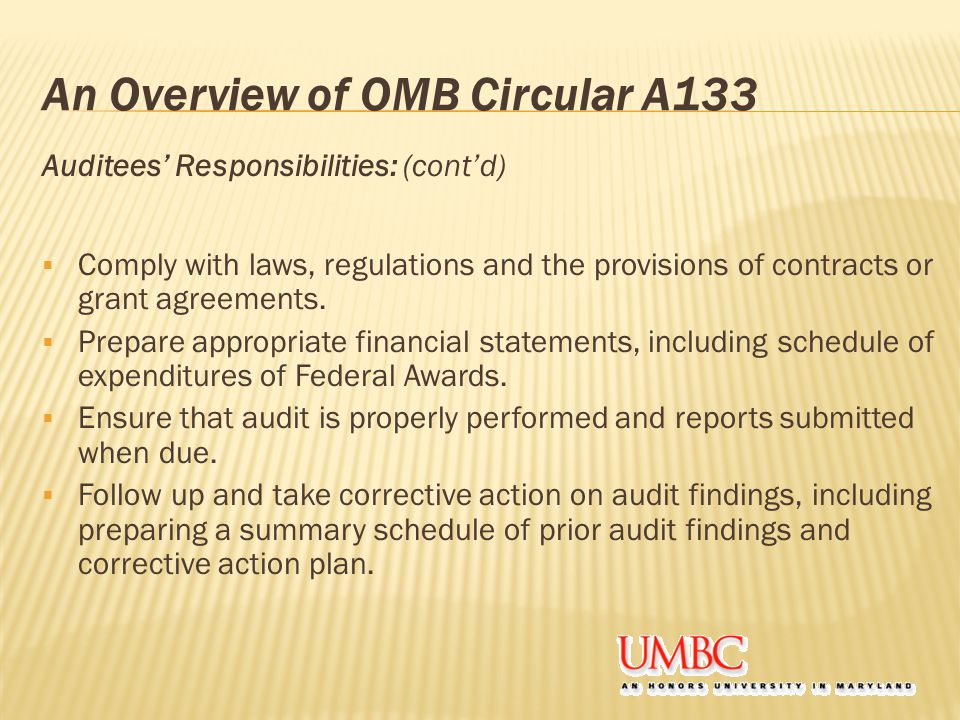 An Overview of OMB Circular A133 Auditees’ Responsibilities: (cont’d)  Comply with laws, regulations and the provisions of contracts or grant agreements.