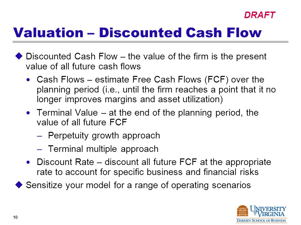 DRAFT 10 Valuation – Discounted Cash Flow  Discounted Cash Flow – the value of the firm is the present value of all future cash flows  Cash Flows – estimate Free Cash Flows (FCF) over the planning period (i.e., until the firm reaches a point that it no longer improves margins and asset utilization)  Terminal Value – at the end of the planning period, the value of all future FCF –Perpetuity growth approach –Terminal multiple approach  Discount Rate – discount all future FCF at the appropriate rate to account for specific business and financial risks  Sensitize your model for a range of operating scenarios