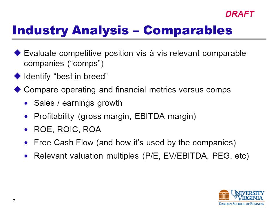 DRAFT 7 Industry Analysis – Comparables  Evaluate competitive position vis-à-vis relevant comparable companies ( comps )  Identify best in breed  Compare operating and financial metrics versus comps  Sales / earnings growth  Profitability (gross margin, EBITDA margin)  ROE, ROIC, ROA  Free Cash Flow (and how it’s used by the companies)  Relevant valuation multiples (P/E, EV/EBITDA, PEG, etc)