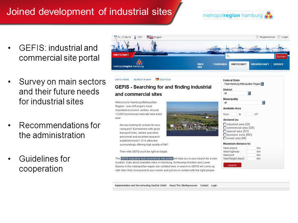 Joined development of industrial sites GEFIS: industrial and commercial site portal Survey on main sectors and their future needs for industrial sites Recommendations for the administration Guidelines for cooperation