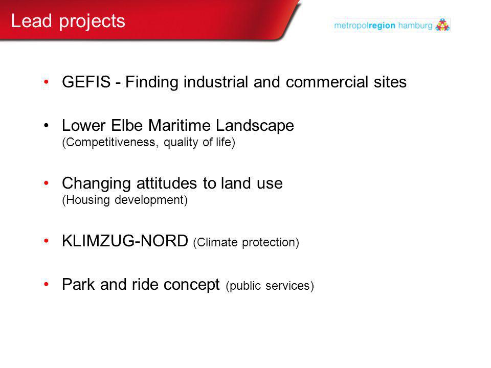 GEFIS - Finding industrial and commercial sites Lower Elbe Maritime Landscape (Competitiveness, quality of life) Changing attitudes to land use (Housing development) KLIMZUG-NORD (Climate protection) Park and ride concept (public services) Lead projects