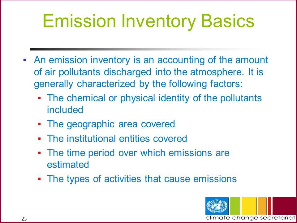 25 Emission Inventory Basics ▪An emission inventory is an accounting of the amount of air pollutants discharged into the atmosphere.