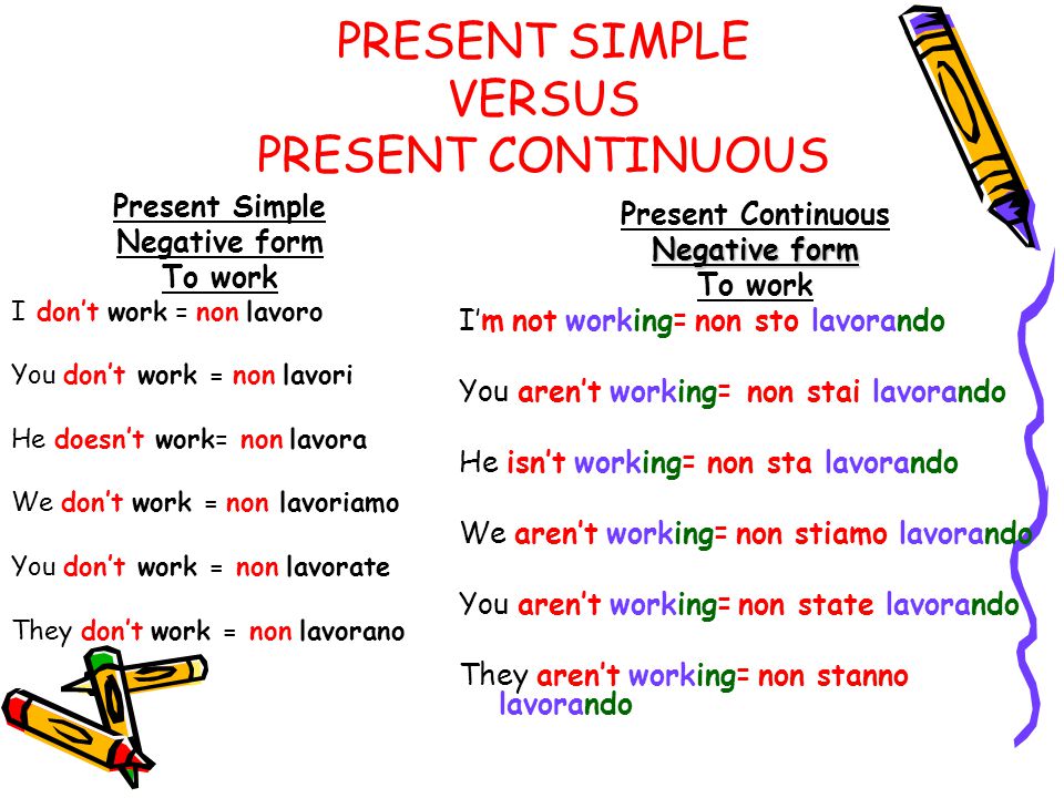 PRESENT SIMPLE VERSUS PRESENT CONTINUOUS Present Simple Negative form To work I don’t work = non lavoro You don’t work = non lavori He doesn’t work= non lavora We don’t work = non lavoriamo You don’t work = non lavorate They don’t work = non lavorano Present Continuous Negative form To work I’m not working= non sto lavorando You aren’t working= non stai lavorando He isn’t working= non sta lavorando We aren’t working= non stiamo lavorando You aren’t working= non state lavorando They aren’t working= non stanno lavorando