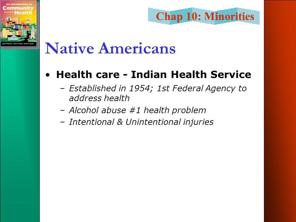 Chap 10: Minorities Native Americans Health care - Indian Health Service –Established in 1954; 1st Federal Agency to address health –Alcohol abuse #1 health problem –Intentional & Unintentional injuries