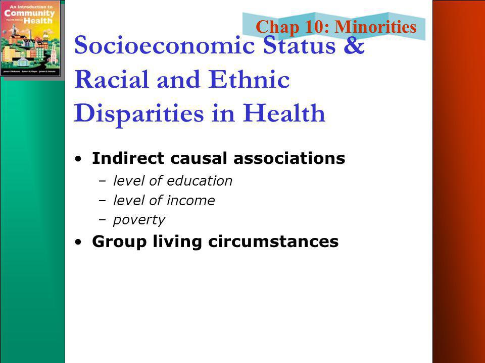 Chap 10: Minorities Socioeconomic Status & Racial and Ethnic Disparities in Health Indirect causal associations –level of education –level of income –poverty Group living circumstances