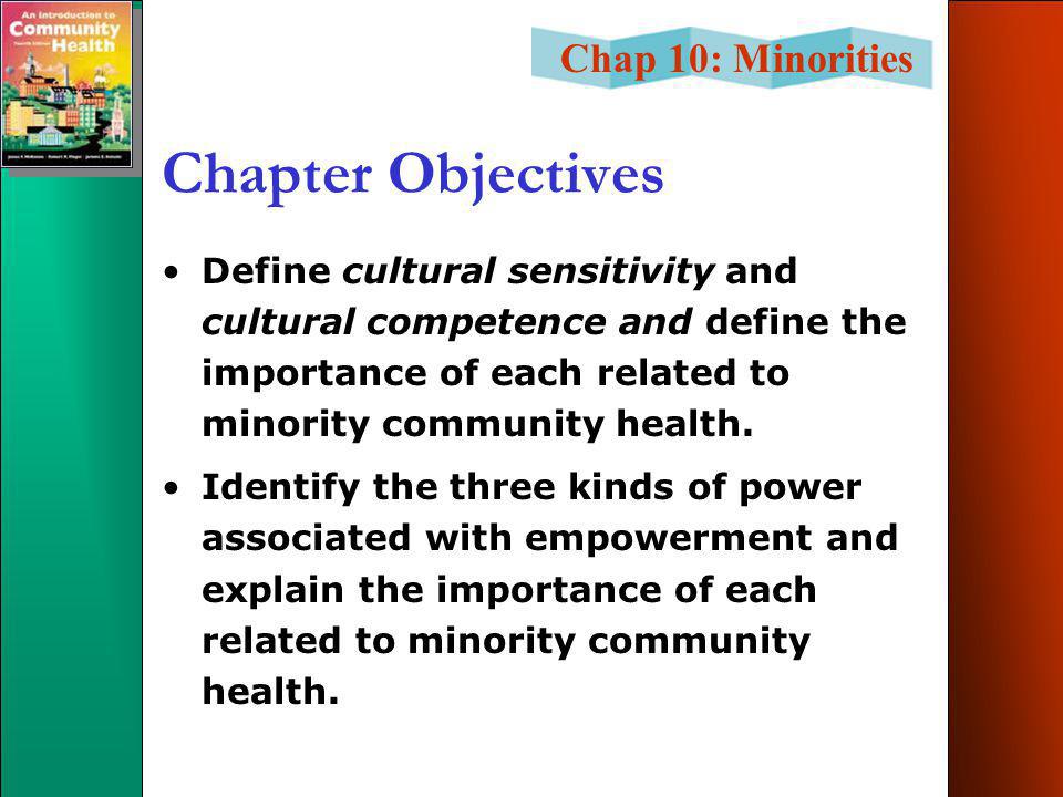 Chap 10: Minorities Chapter Objectives Define cultural sensitivity and cultural competence and define the importance of each related to minority community health.