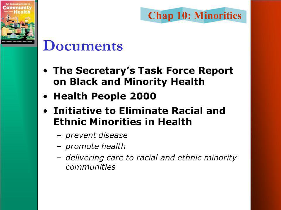 Chap 10: Minorities Documents The Secretary’s Task Force Report on Black and Minority Health Health People 2000 Initiative to Eliminate Racial and Ethnic Minorities in Health –prevent disease –promote health –delivering care to racial and ethnic minority communities