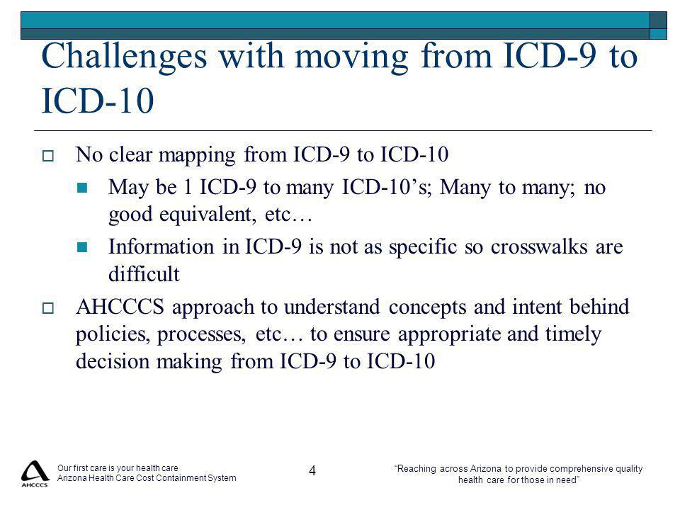 Reaching across Arizona to provide comprehensive quality health care for those in need Our first care is your health care Arizona Health Care Cost Containment System 4 Challenges with moving from ICD-9 to ICD-10  No clear mapping from ICD-9 to ICD-10 May be 1 ICD-9 to many ICD-10’s; Many to many; no good equivalent, etc… Information in ICD-9 is not as specific so crosswalks are difficult  AHCCCS approach to understand concepts and intent behind policies, processes, etc… to ensure appropriate and timely decision making from ICD-9 to ICD-10
