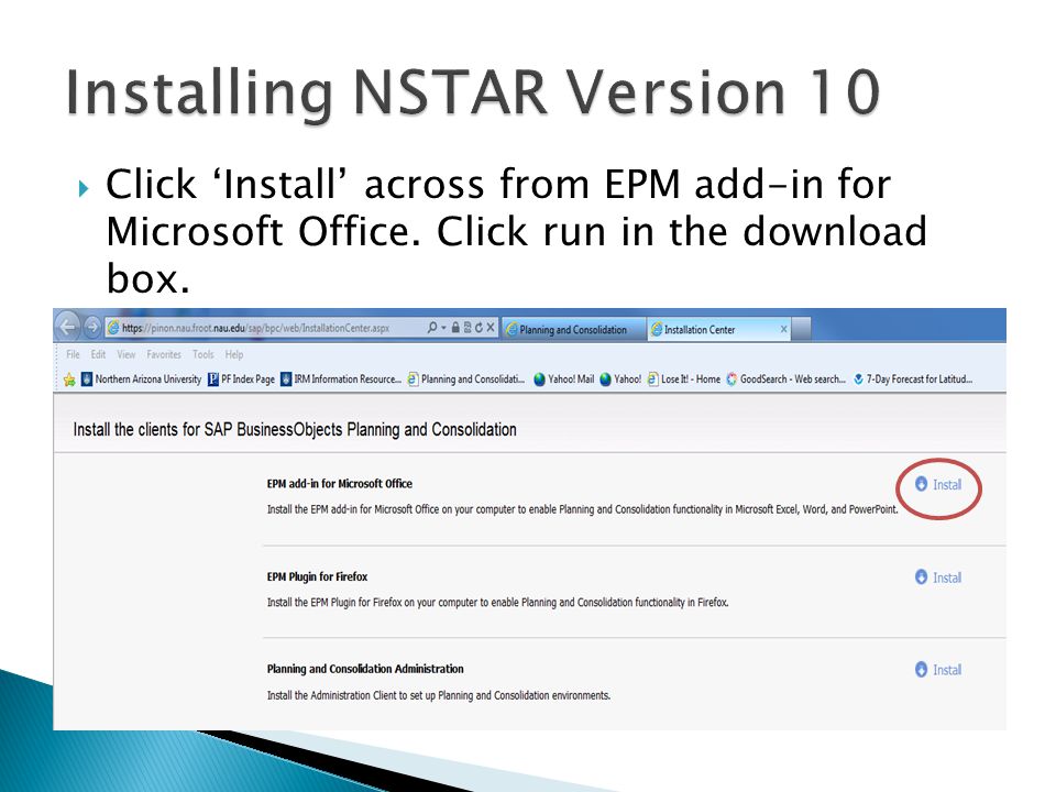  Click ‘Install’ across from EPM add-in for Microsoft Office. Click run in the download box.