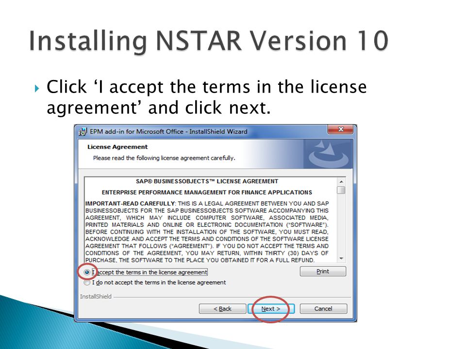  Click ‘I accept the terms in the license agreement’ and click next.