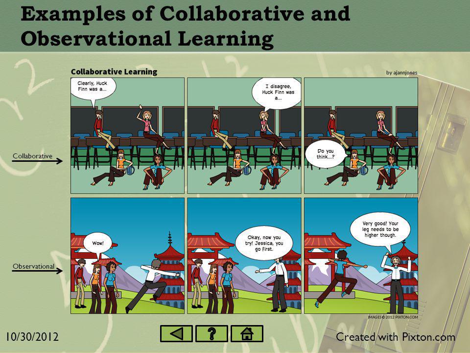 Instruction Inspired by Collaborative Learning Group Work Students and teachers are on the same level, but the teacher takes the lead in the discussion Knowledge is not acquired or absorbed, but rather created by the learners Students learn to accept and tolerate the different opinions of others Observational Learning Inspired by Albert Bandura’s (see Major Theorist) research on modeling and aggression and his famous Bobo Doll experiments.