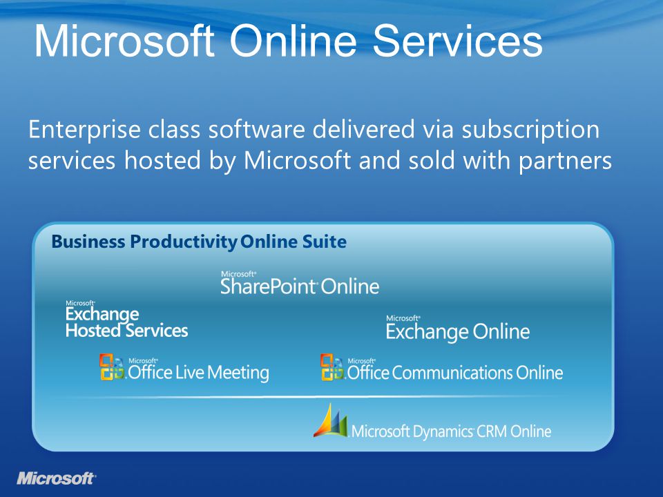 Enterprise class software delivered via subscription services hosted by Microsoft and sold with partners Microsoft Online Services
