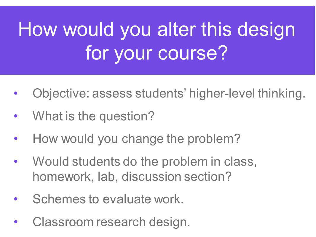 How would you alter this design for your course. Objective: assess students’ higher-level thinking.