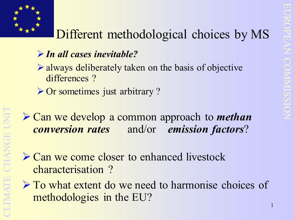 1 EUROPEAN COMMISSION CLIMATE CHANGE UNIT Different methodological choices by MS  In all cases inevitable.